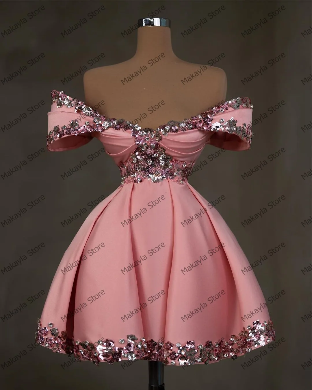 Sweet Pink Satin Mini Evening Party Dresses Off The Shoulder Sequined Beading Short Prom Gowns Cute Girls Graduation Gown