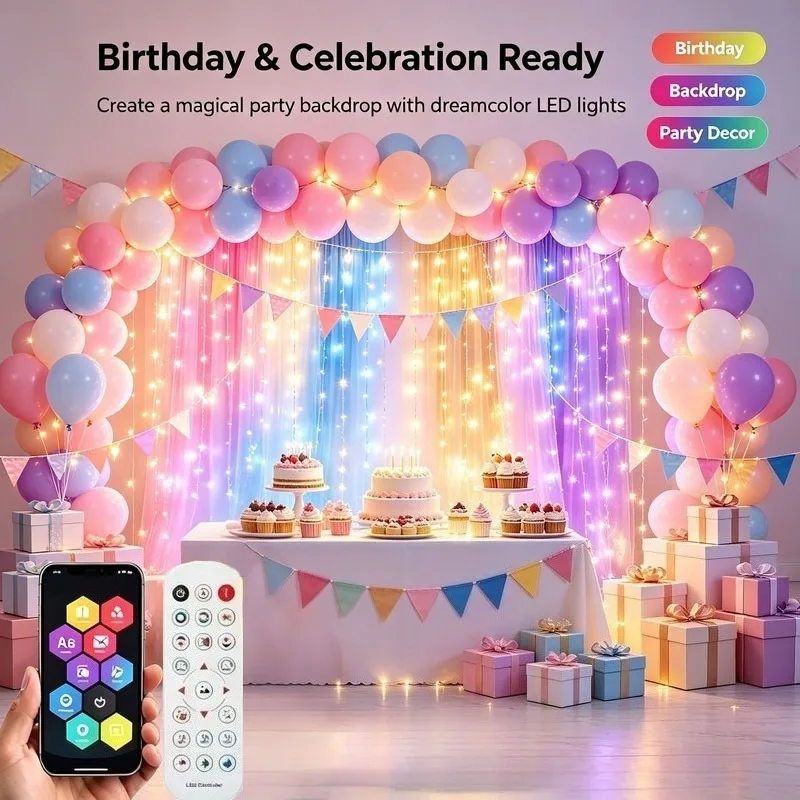 Smart RGB Curtain Fairy Lights, 400 LED Bluetooth App Control with DIY Pattern Display for Home Decor