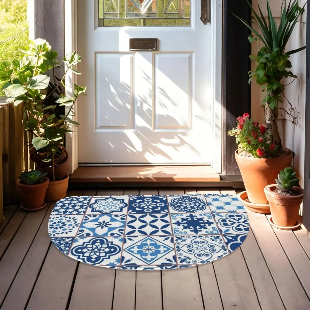 Abstract Patterns On Ceramic Tile Soft Flannel Half Round Doormat Non Slip Bathroom Mat Absorbent Floor Carpet for Laundry Room