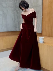 Lautaro Spring Long Luxury Elegant Wine Red Soft Velvet Evening Party Wedding Dresses for Women 2024 Off Shoulder Maxi Dress