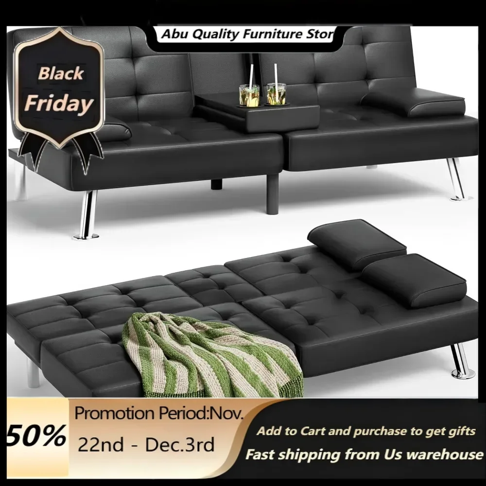 Office Sofas ，Faux Leather Upholstered Modern Convertible Folding Futon Sofa Bed With Removable Armrests, Adjustable Rec