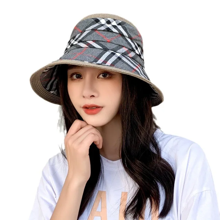 Japanese and Korean sunshade and sunscreen fisherman hats women's summer basin hats sun resistant foldable plaid