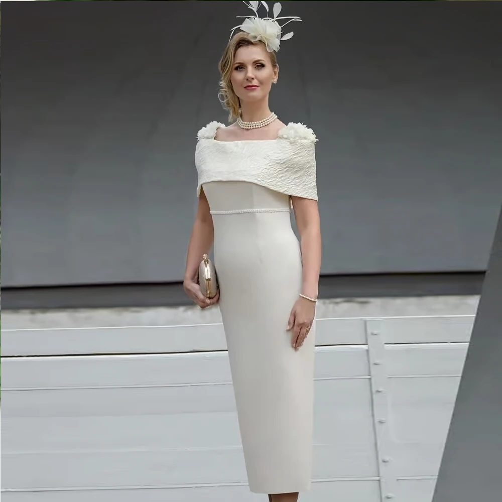 ชุดแม่เจ้าสาวสุดหรูสำหรับผู้หญิง สีไอวอรี่ แบบเปิดไหล่ ชุดราตรีงานเลี้ยงอย่างเป็นทางการ ประดับดอกไม้ ความยาวระดับชา ชุดออกงาน