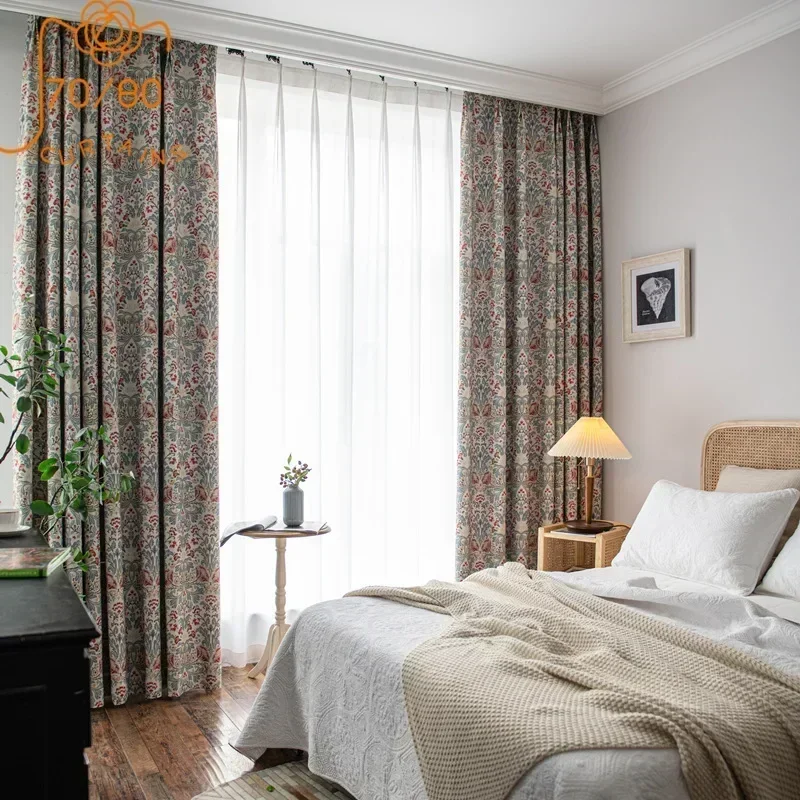 New American Retro Printed Linen Curtains for Living Room Bedroom Finished Custom Home Decoration Partition Curtain