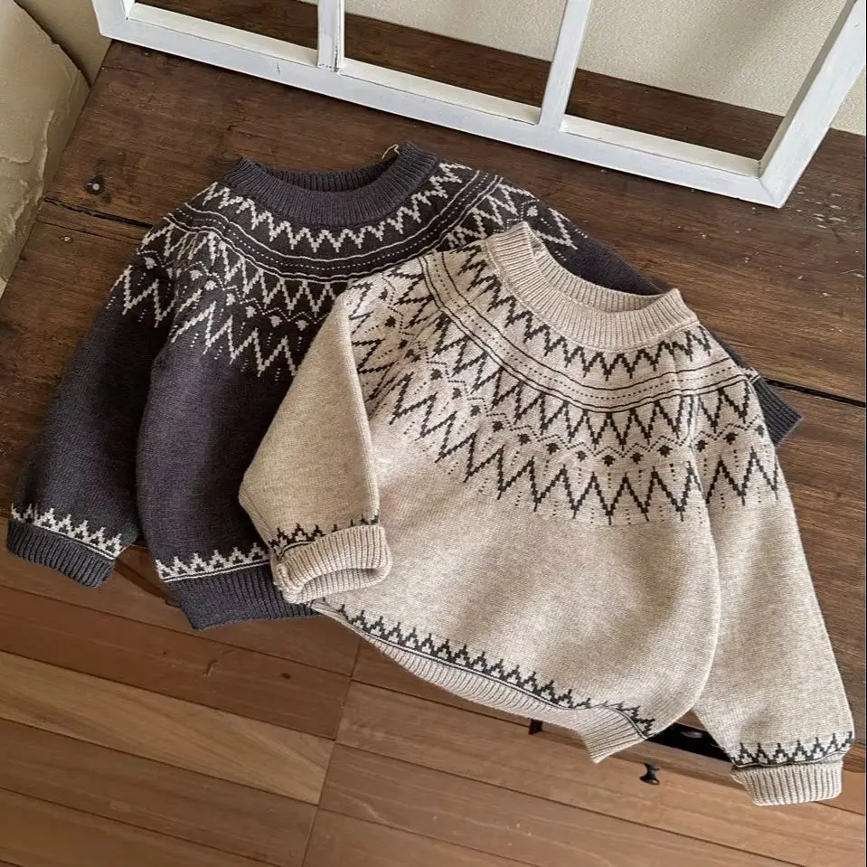 Autumn Winter Kids Fair Isle Jacquard Knit Sweater Ins‑Style Warm Pullover Knitwear for Toddler Boys Girls