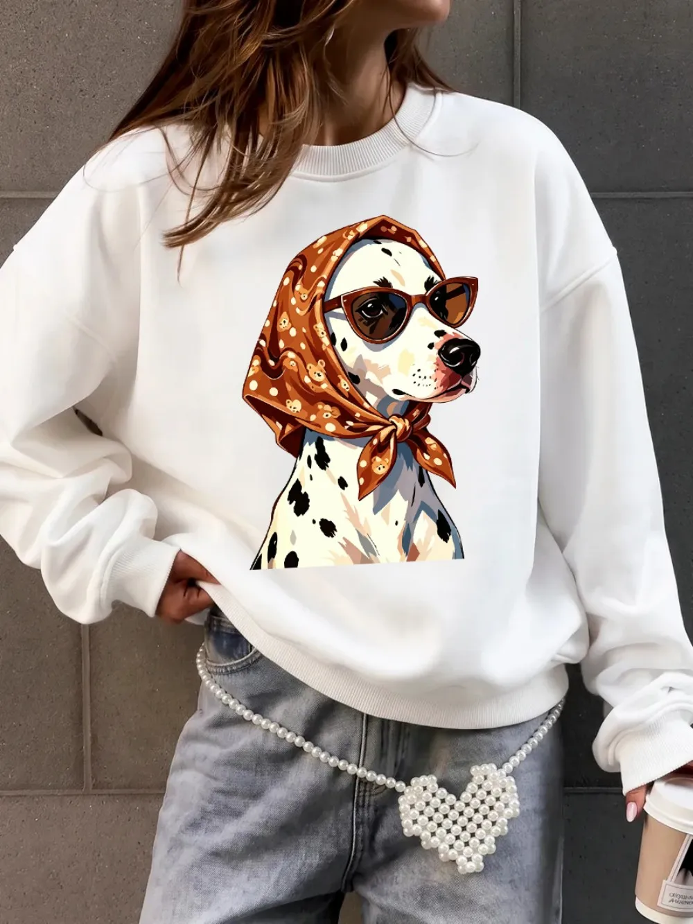 Braunes Kopftuch, Sonnenbrille, Hundemotive, Sweatshirt, Damen-Sweatshirt mit Rundhalsausschnitt, Basics-Hoodies, lockerer, warmer Fleece-Pullover, Herbstkleidung für Damen – Detail 11