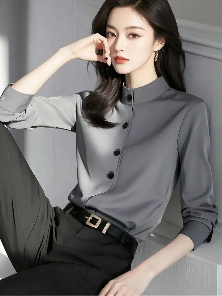 

Женская офисная блузка Ele Long Sve с воротником-стойкой, премиум-класса, для деловых встреч, весна-осень, модная, сезонная