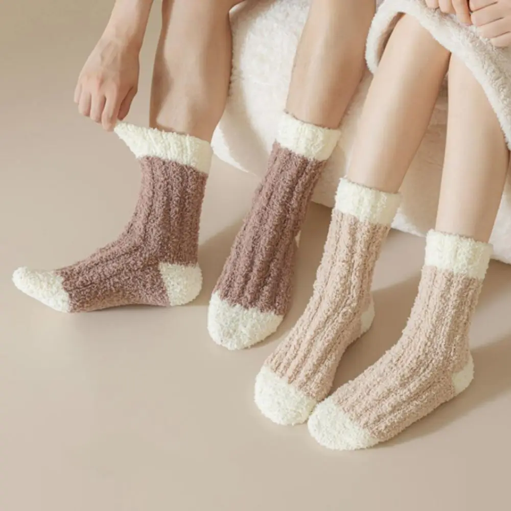 

3Pairs Creative Thickened Coral Fleece Socks Sleeping Simple Floor Plush Socks Hosiery Winter Mid Tube Socks Women Autumn