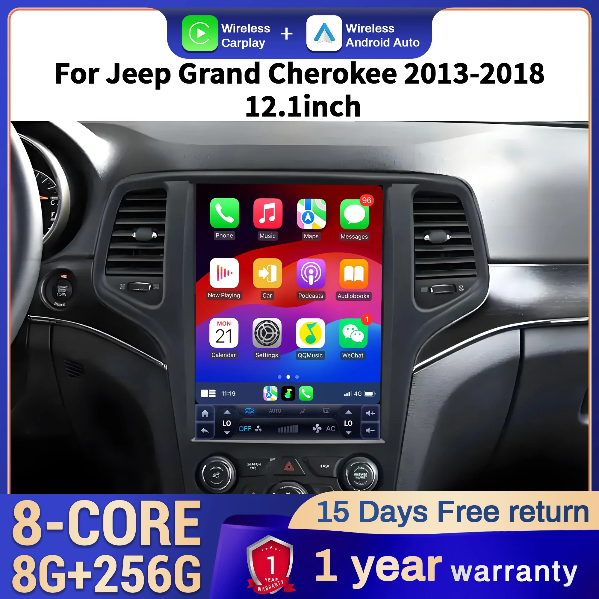 

12.1 inch Car Radio Android 14 For Jeep Grand Cherokee 2013-2018 4G GPS Wireless Bluetooth CarPlay Head Unit Touch Screen Stereo