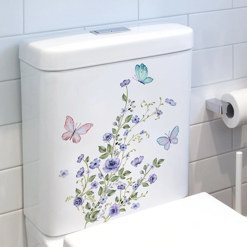 Green Plant Flower Butterfly Wall Sticker Bathroom Toilet Decor Living Room Cabinet Home Decoration Decals Beautify Self Adhesiv