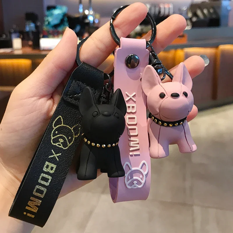 Fashion Punk French Bulldog Keychain PU Leather Dog Keychains for Women Bag Pendant Jewelry Trinket Men's Car Key Ring Key C Urn