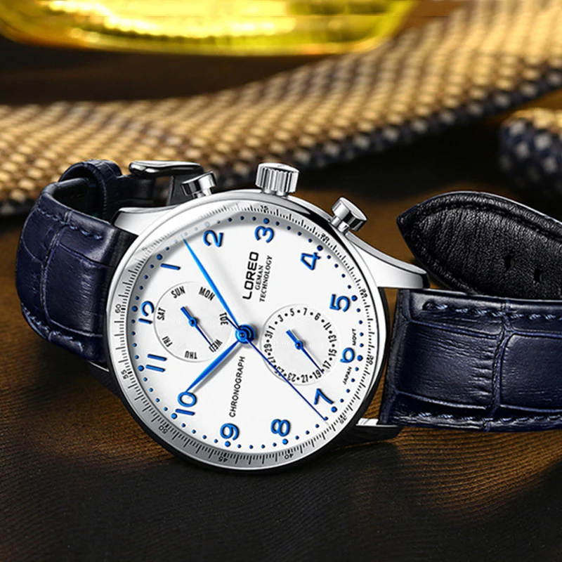 LOREO Pilot Blue Dial Business Men Classic Design Leather Watchband Waterproof Quartz Watch Watches Montre Homme Dropshipping