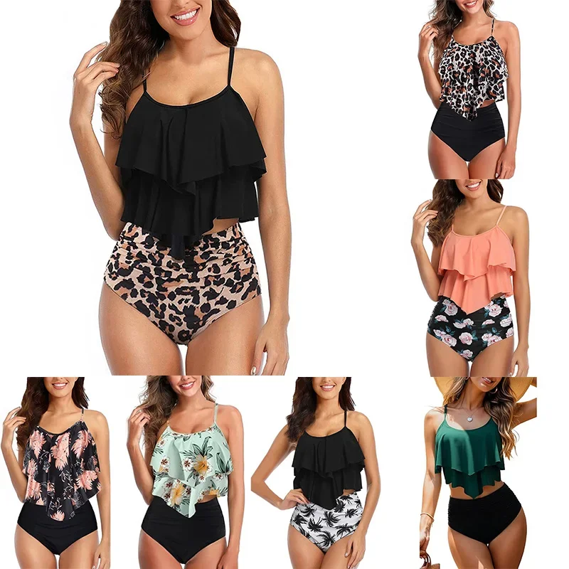 

Купальный костюм, женские купальники, майка с рюшами, контроль живота, скромный купальник с цветочным принтом, бикини с высокой талией, женский купальник на подтяжках