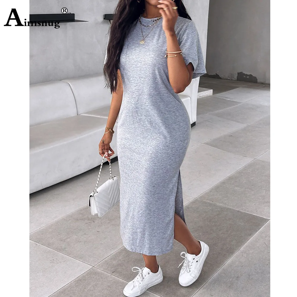 Women Casual Street Dress 2024 America and Europe Style Long Maxi Dresses Solid Green Leg Split Dress Plus Size Womens Clothing