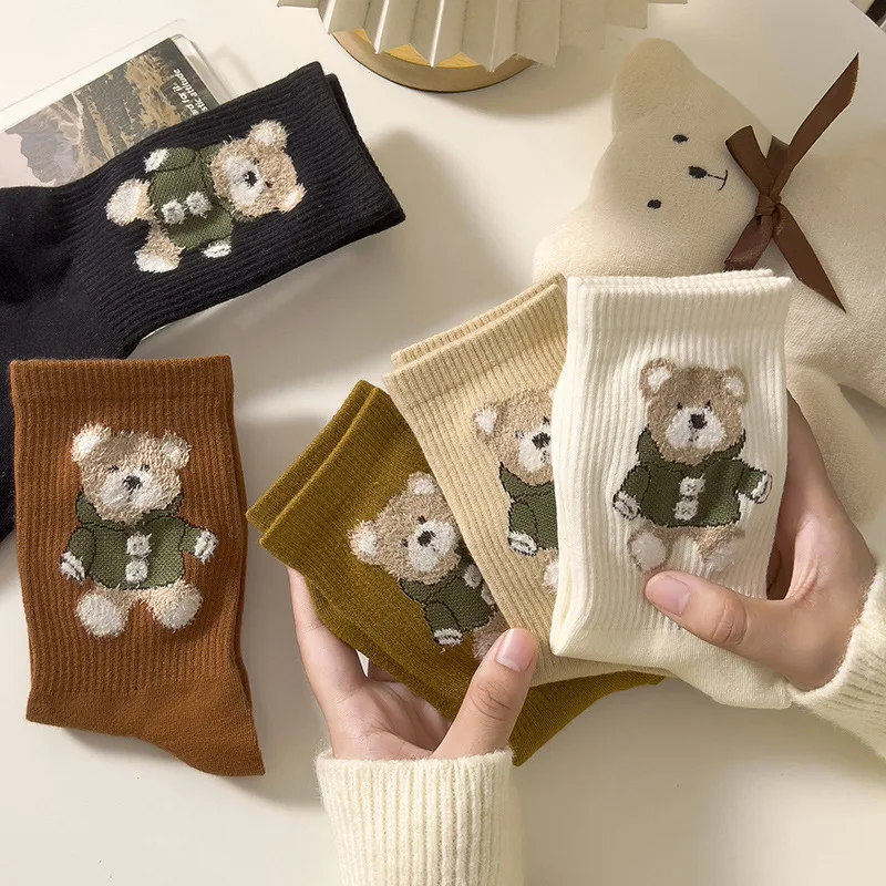 1/5 Paar Damensocken Cartoon Bär Japanischer Adrette Kawaii Süße Mittelrohrsocken Bequeme atmungsaktive Baumwollsocken