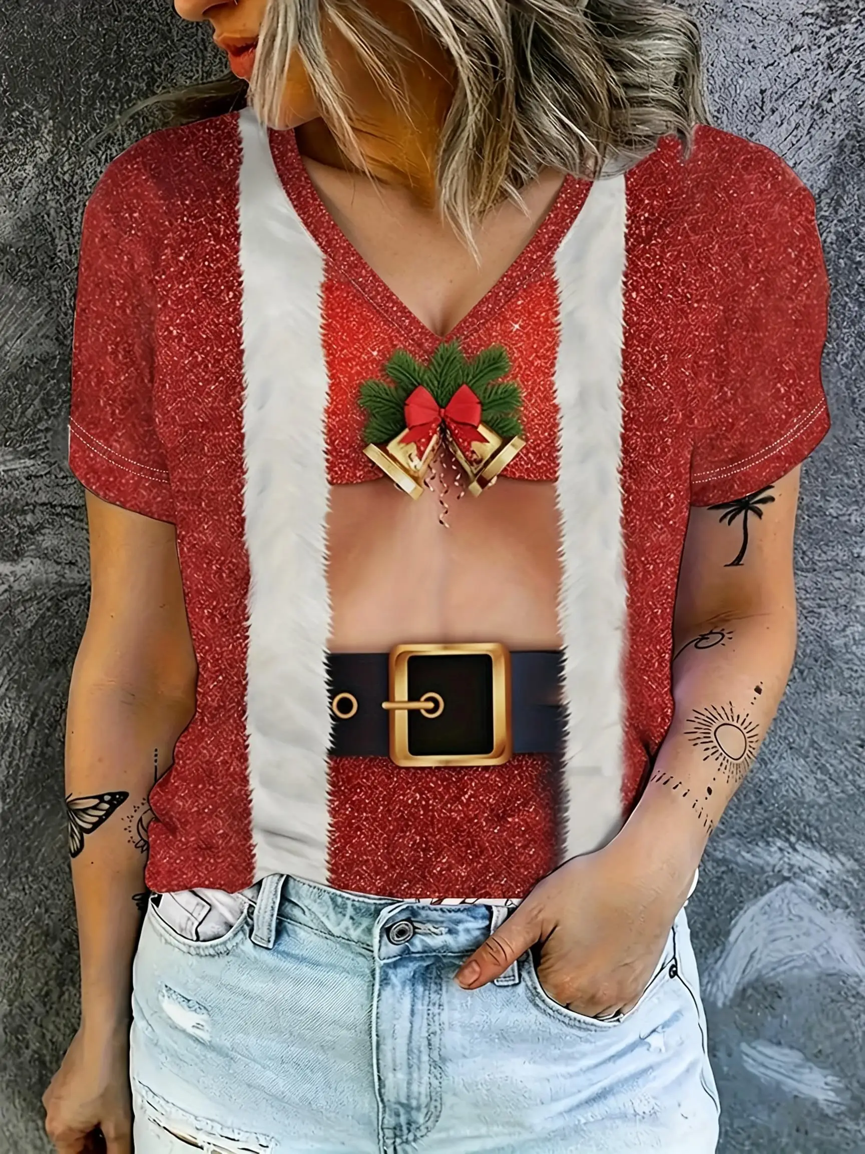 Women V‑Neck Short Sleeve T‑shirt Christmas Graphic Tee Cute Deer Santa Cat Snow Scene Xmas Holiday Casual Party Top