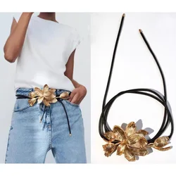 Brand ZA 3d Metal Flower Thick Cord Belts for Women Golden Silvery Punk Alloy Raised Big Floral Rope Belt Waistband Accessory