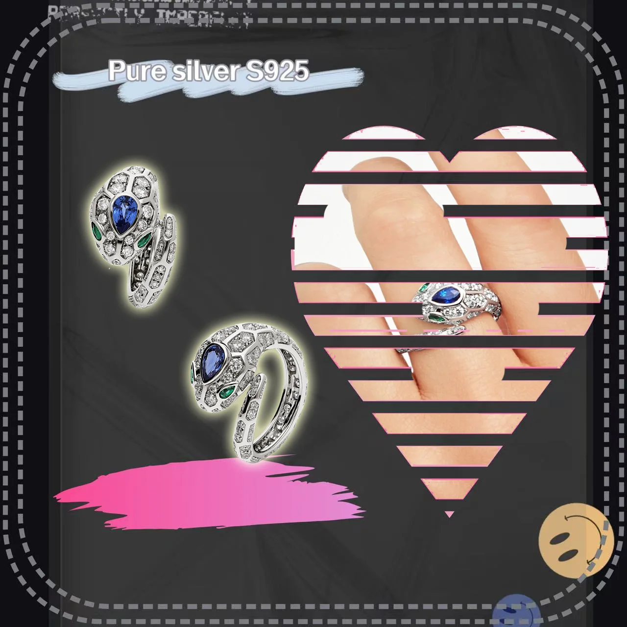 

Solid silver S925 women's jewelry shines with blue zircon snake shaped fashion ring, suitable for dating occasions