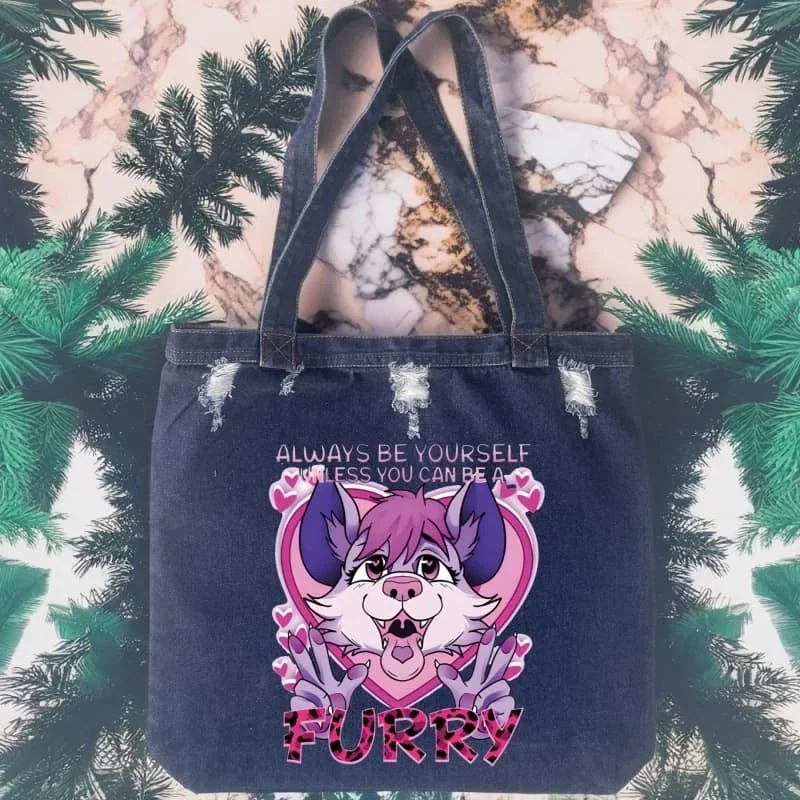 

meme funny fur furry cute Women Shoulder Large Capacity Denim Tote Bag Solid Color Handbag Jean Commuter Handbag Crossbody Bags