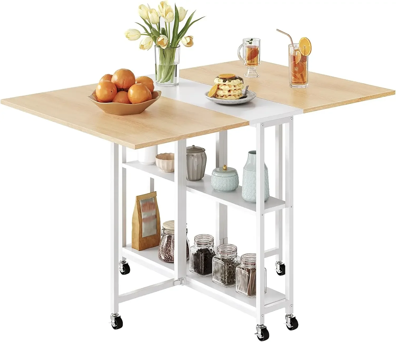 Folding Dining Table, Movable Dining Table, Kitchen Table for Small Space, Foldable and Expandable Desk Furniture with 6