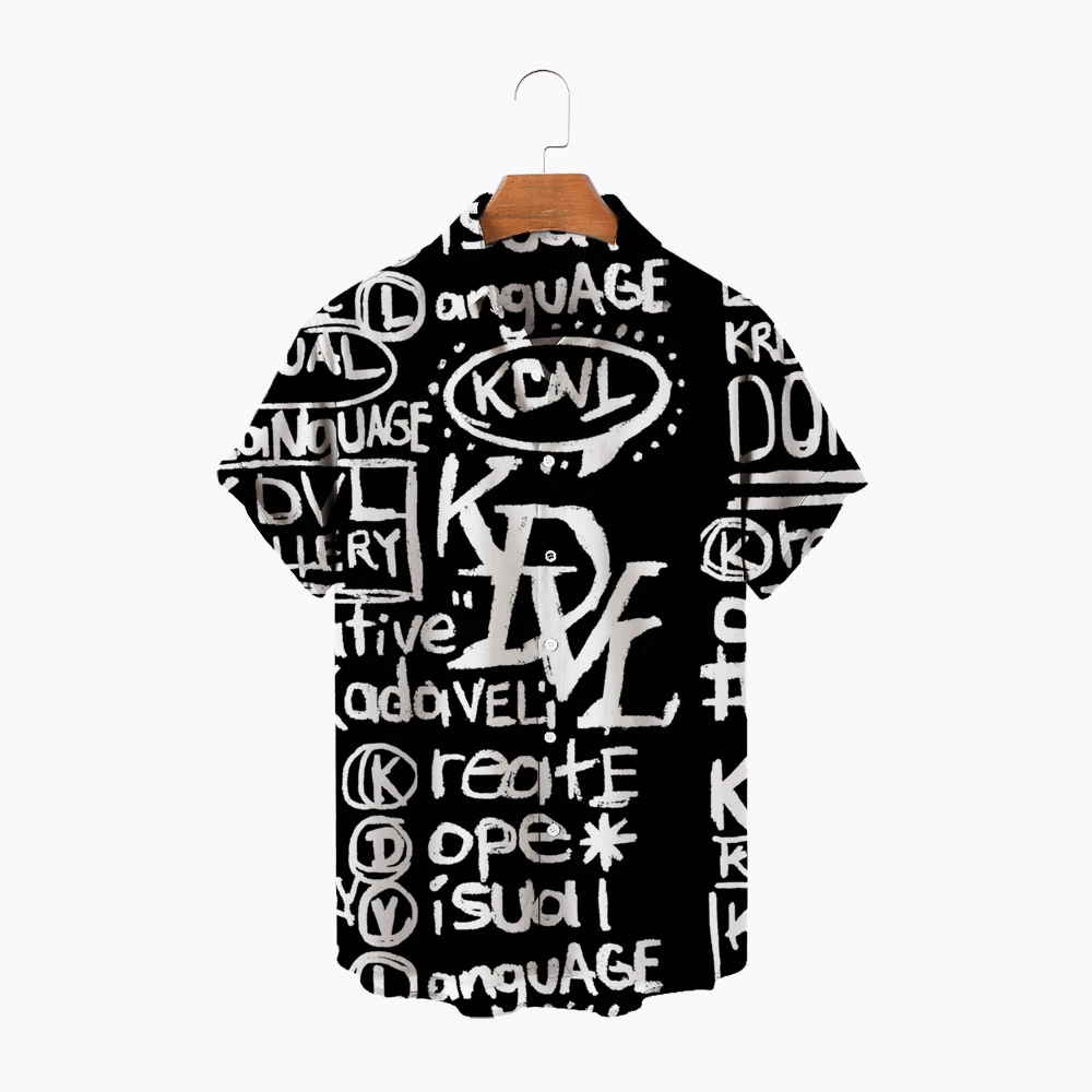 XL Men's trendy shirt Alphabet Print Hawaiian shirt Trendy casual button Hawaiian Print Beach Short Sleeve Quick-drying Top S-5X