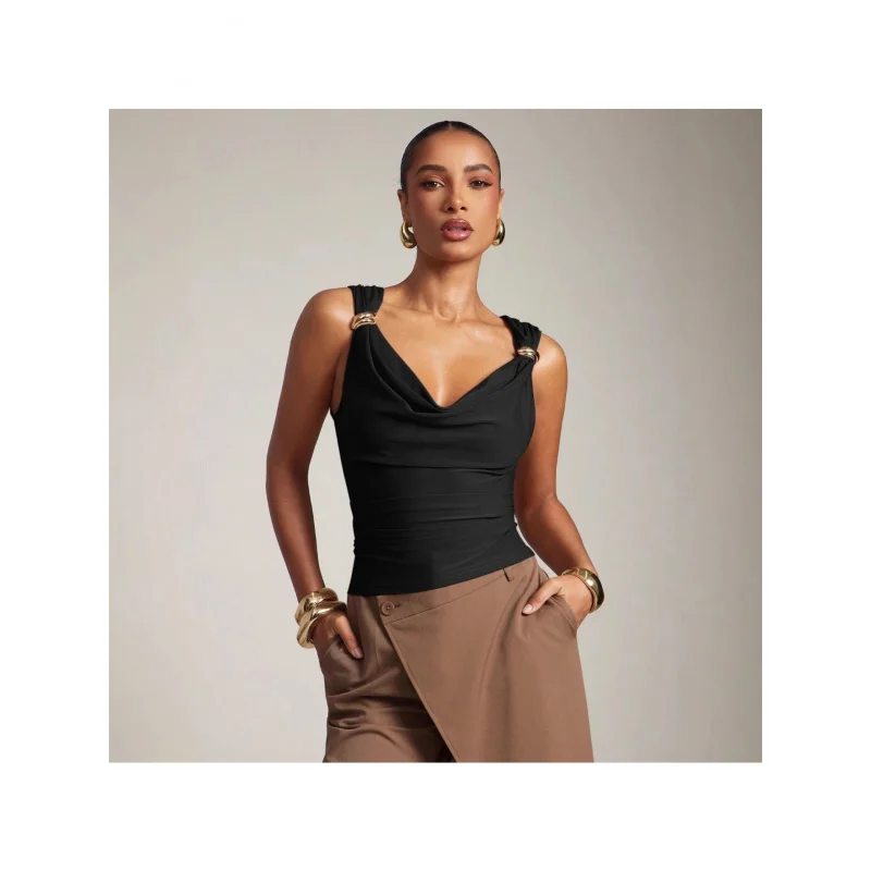 Women's Summer Tops 2026 New Arrival - Metal Button Cow Neck Top Side Ruched Sleeveless Chic Elegant