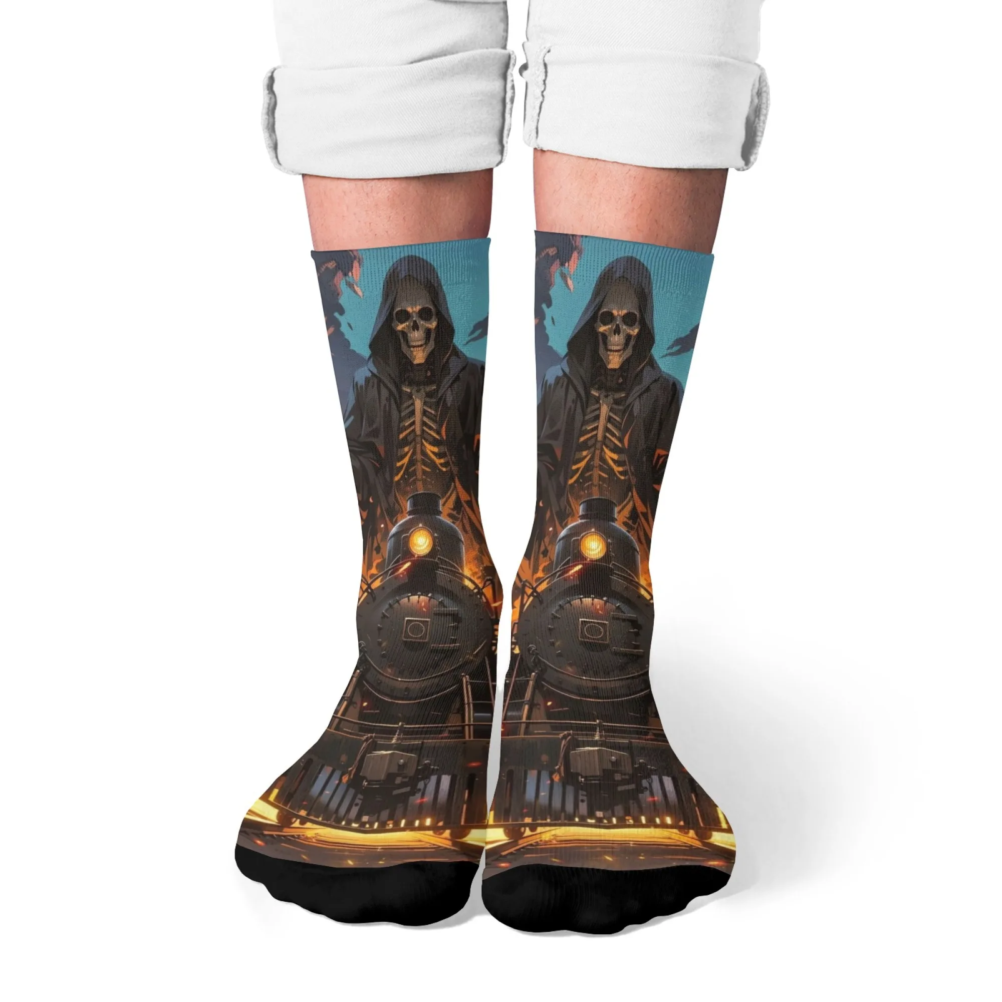 Skull Flame Train Comic Socken Harajuku Retro Street Hip-Hop Trend Socken Neuheit Lustige Kompressionssocken Geeignet für alle Jahreszeiten