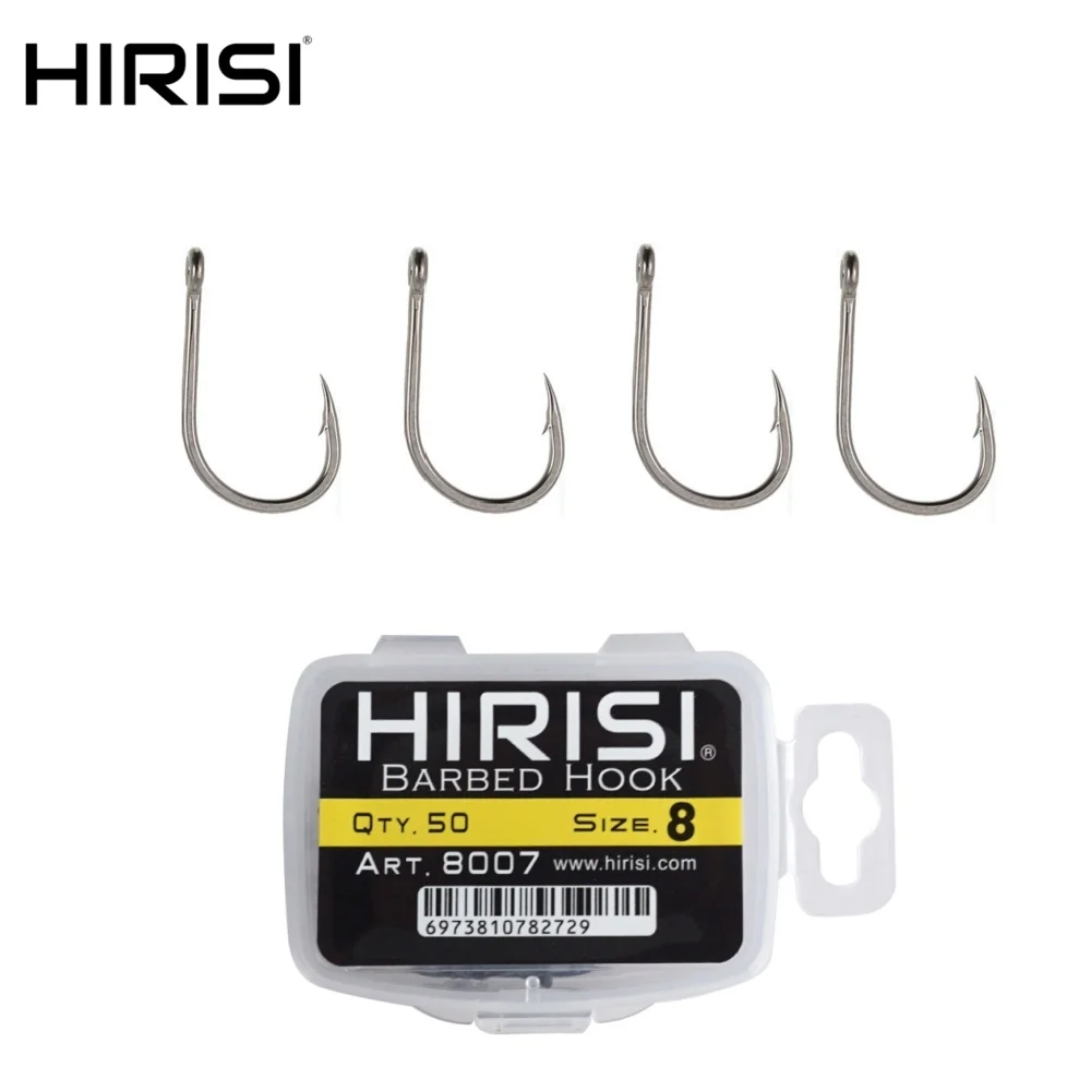 

Hirisi 50pcs Ring Eye Barbed Hooks High Carbon Steel for Carp Size 2468 8007