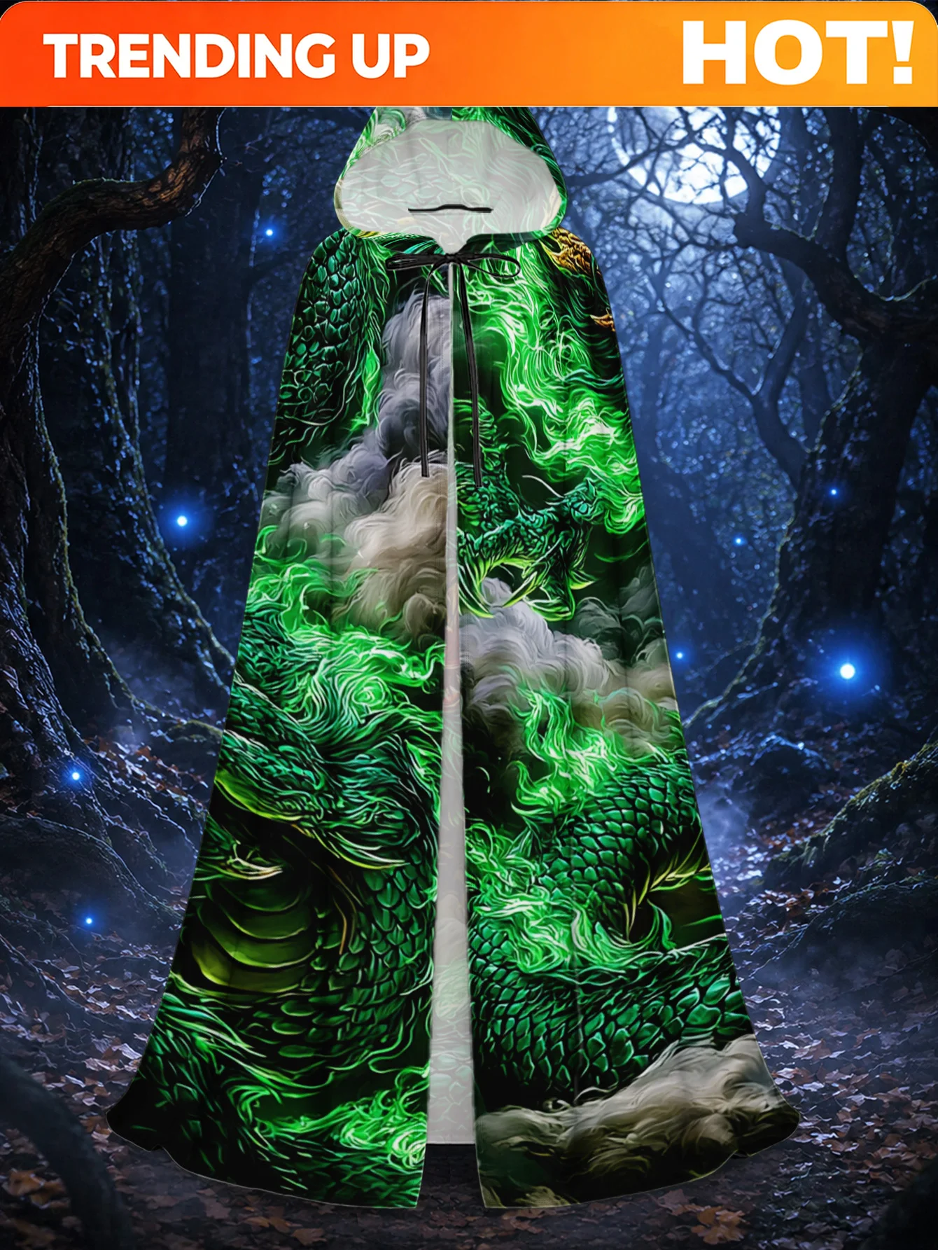 Customization 1pc, Adult Hooded Cloak With Green Fiery Dragon In Clouds Elements 1pc Polyester Cape For Halloween, Christmas And