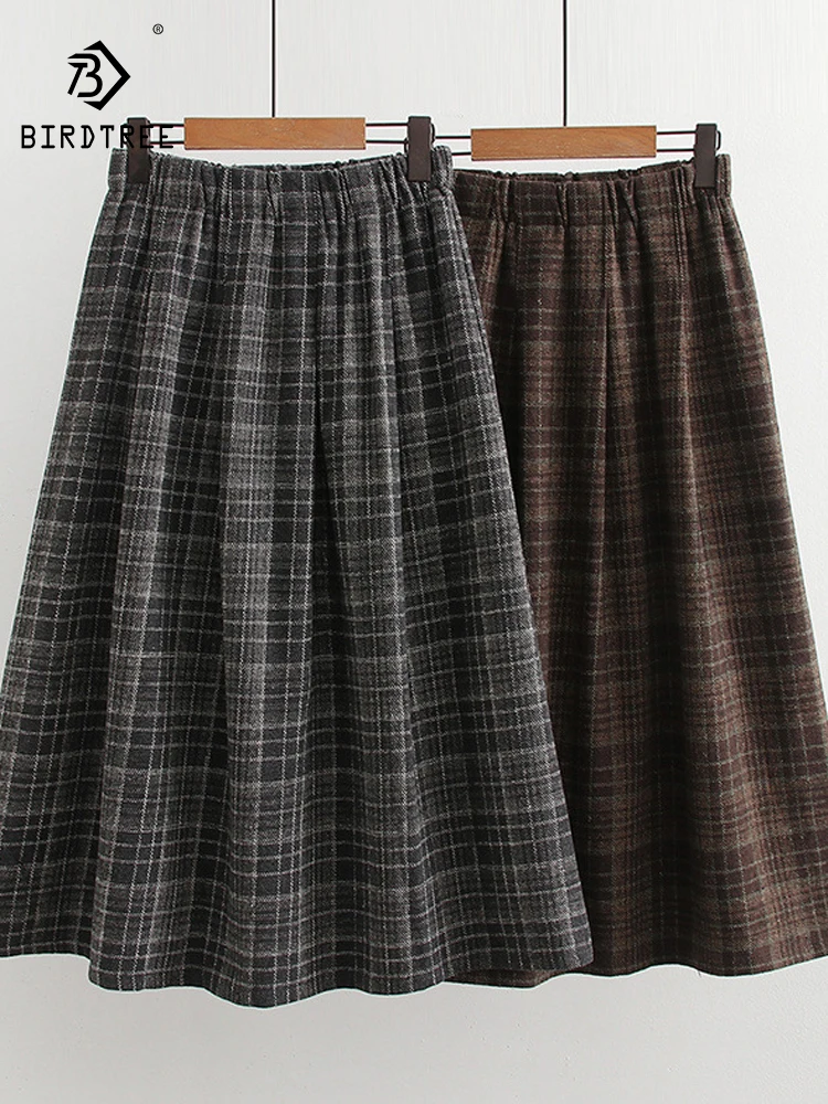 

New 2025 Autumn Winter Cotton Woolen Skirt, Women Elastic Waist Plaid, Mori Girl OL Retro Versatile Loose A-line Skirt B5N463CC