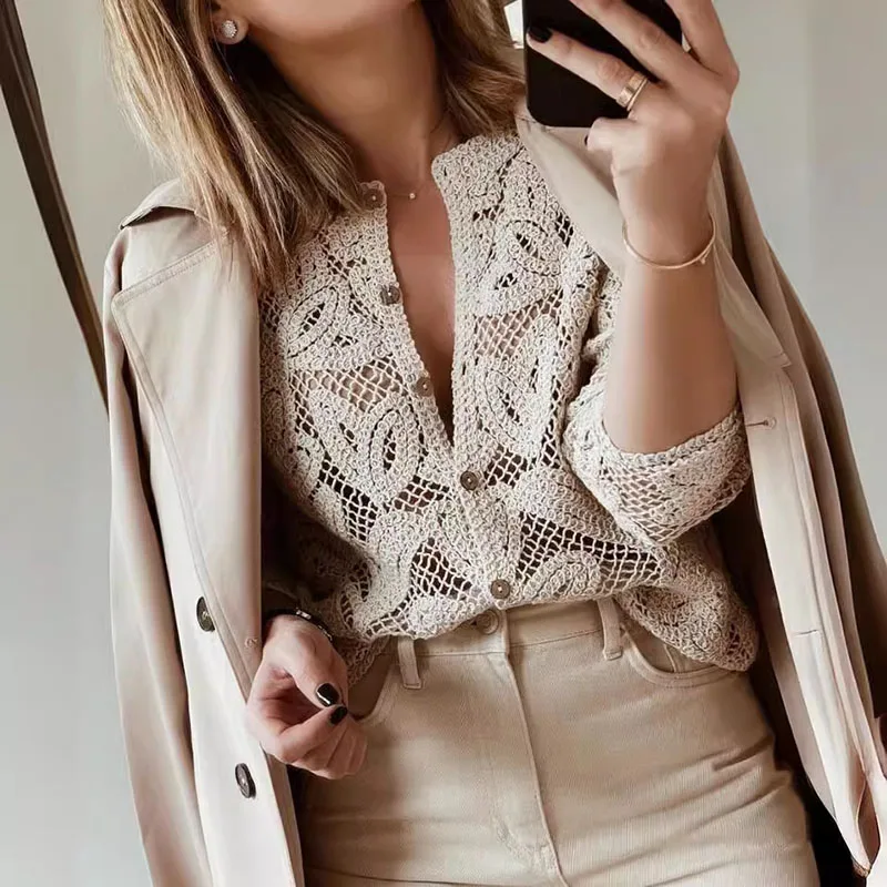 2024 Women Casual Long Sleeve Solid Color Tops Elegant Embroidery Hollow Out Kintted Shirts Fashion Single Breasted Loose Blouse