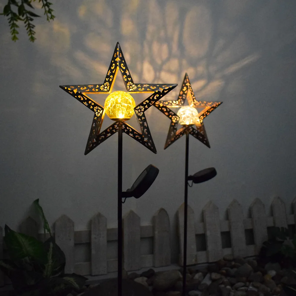 Vintage Hollow Metal Solar Star Stake Light Warm Star Pattern LED Projector Weatherproof Yard Path Flower Bed Ornament