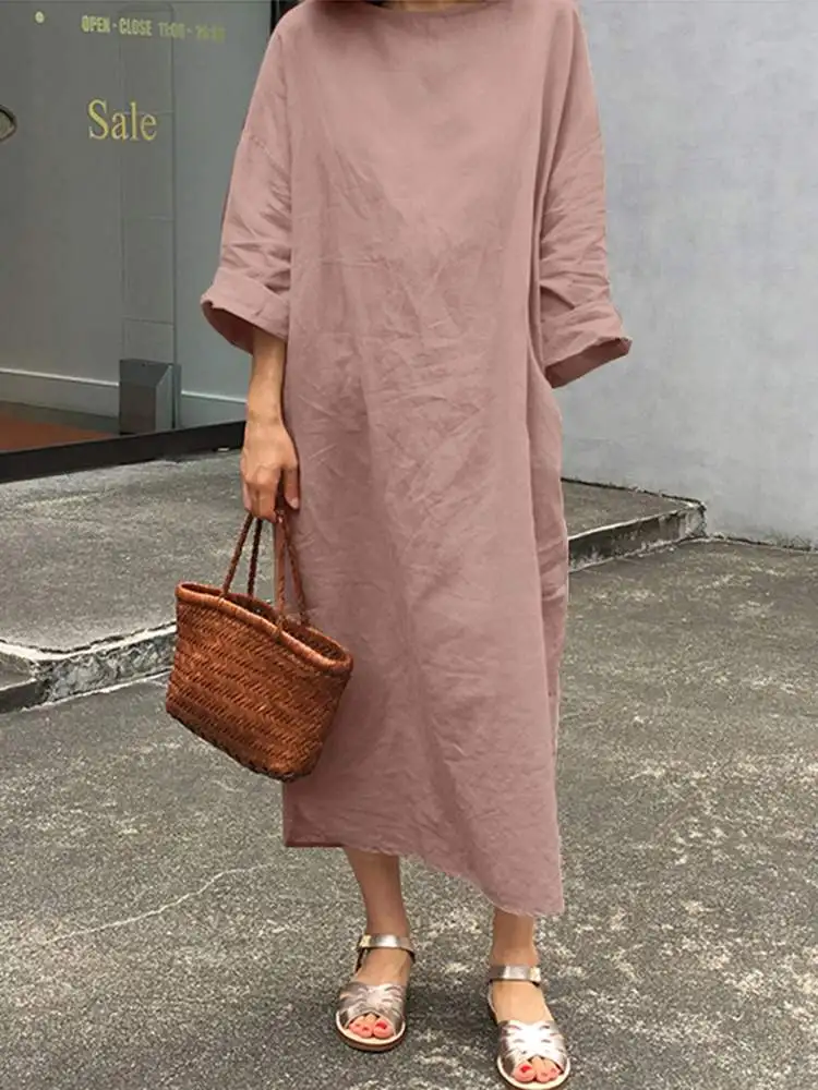 ZANZEA elegante Solid Maxi Dress Casual manica intera Baggy Vestidos abiti da donna oversize autunno prendisole femminile O collo Robe