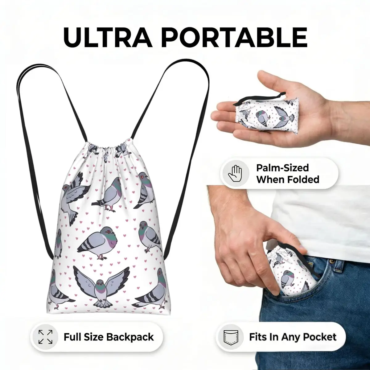 Cute Cartoon Pigeons Pack Drawstring Backpack Sports Gym Bag Lightweight Foldable Storage Drawstring Bag for Men Women