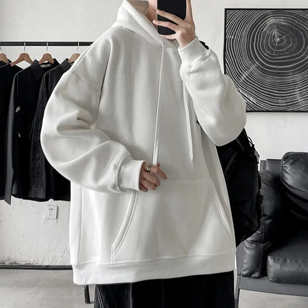 Men Polyester Hoodie Plus Size Hoodie Cozy Plush Hoodie with Big Pockets for Men Warm Winter Sweatshirt with Elastic for Wear