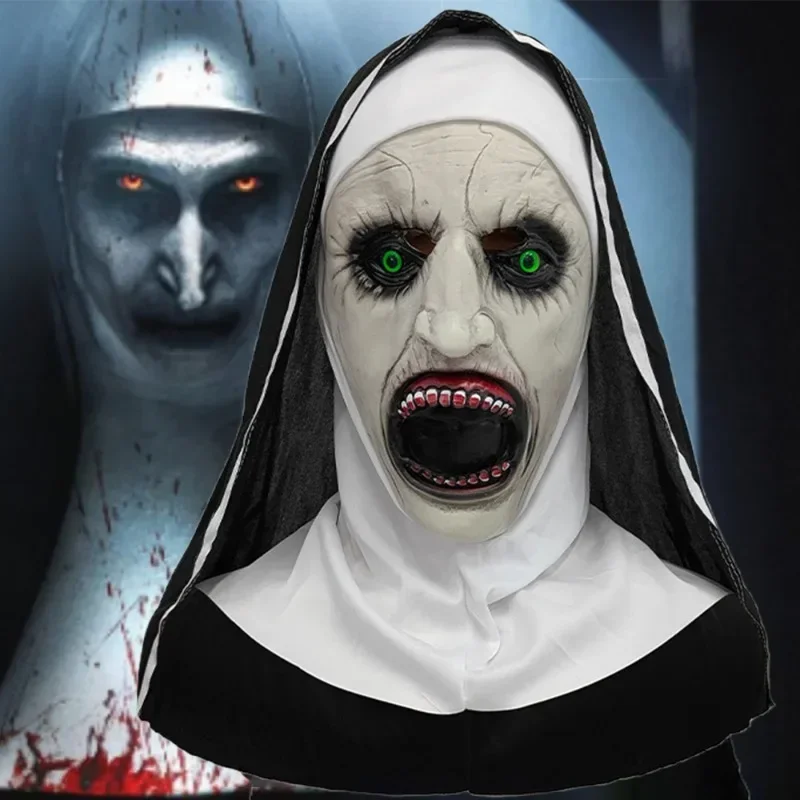Superior Nun Latex Mask with Turban Valak Cosplay Halloween Costume Face Mask Prank Prop Headgear for Christmas Gift Party Kit