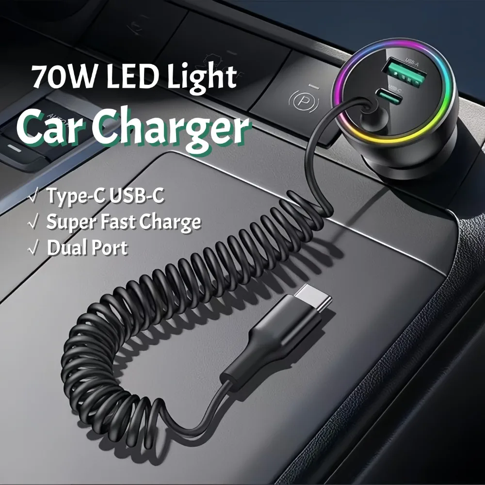 70W USB C Type-C Car Charger Super Fast Charge LED Light Spring Charging Cable Black for iPhone 16 15 Pro Max