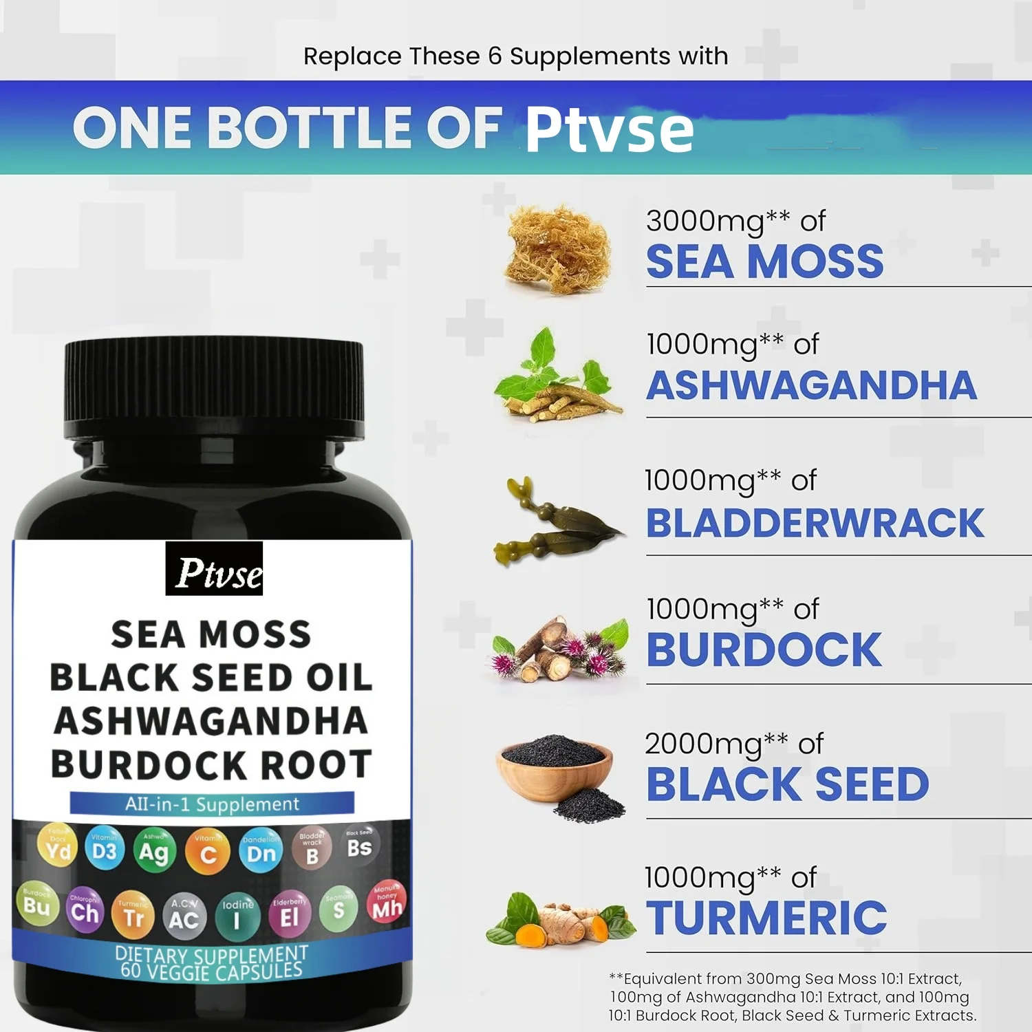 

Sea moss 3000mg, black seed oil 2000mg, South African drunken eggplant 1000mg, turmeric 1000mg, blackerback 1000mg, burdock 1000