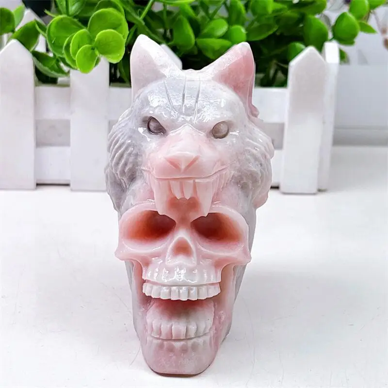 

Натуральный розовый опал, резьба в виде головы волка, резная ручная работа для Хэллоуина, Рождества, украшения дома, подарок, 1 шт.