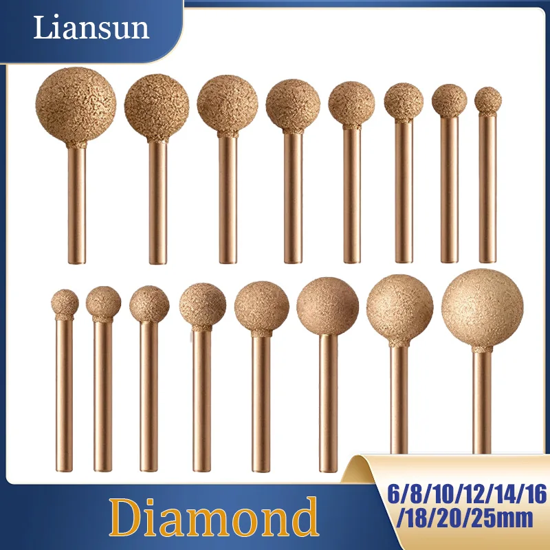 1PCS Sphere Brazed Diamond Grinding Head 6mm Shank Polishing Burr 6/8/10/12/14/16/18/20/25mm for Dremel Grinding and Carving