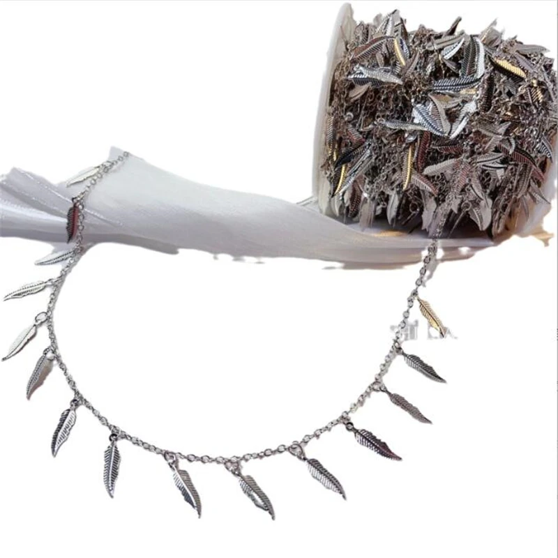 New Retro Gold Color Plated Feather Tassel Link Chains For DIY Jewelry Making No Fade Leaves Copper Chain Garment Accessories