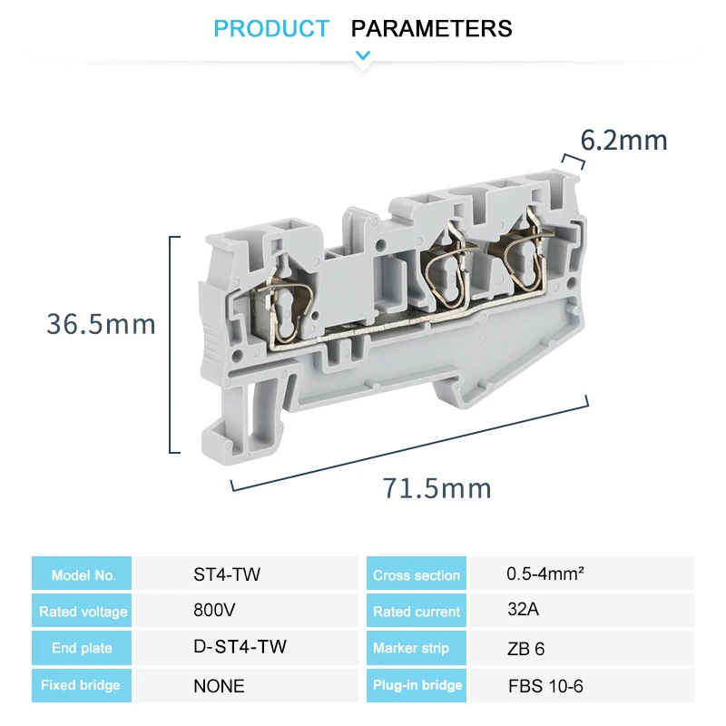 10Pcs ST4-TW Din Rail Connector Spring-cage 3 Contact 4 mm² 12AWG Electric Cable Feed Through Wire Plug Terminal Block ST 4-TWIN