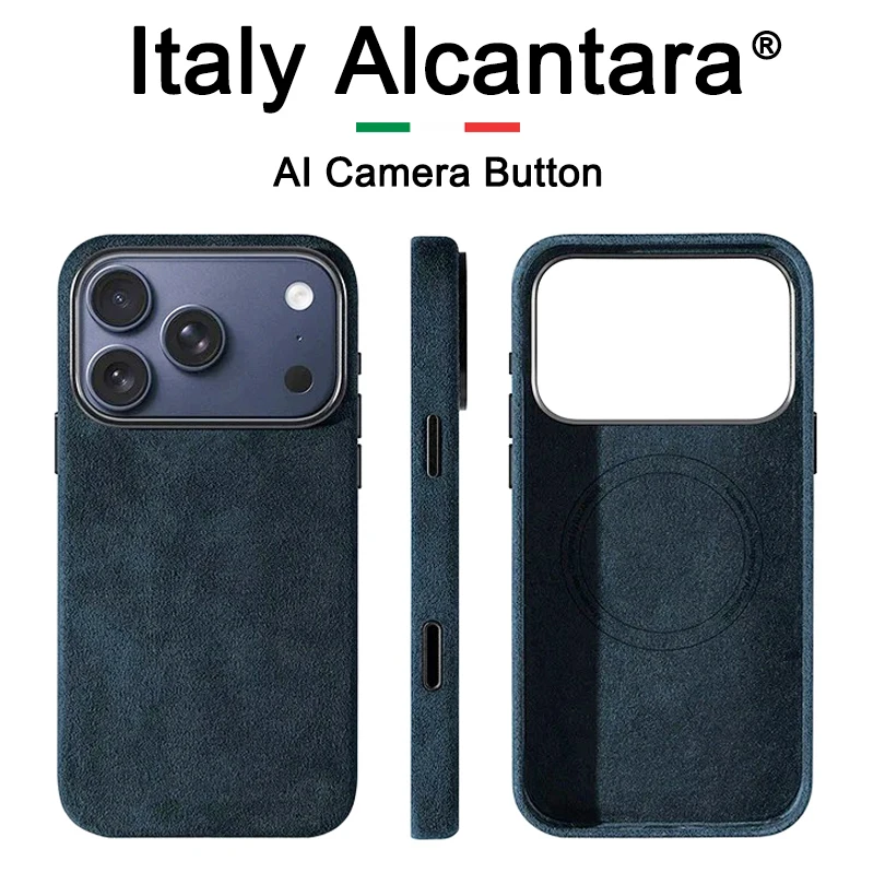

Оранжевый/синий итальянский магнитный чехол из алькантары для iPhone 17/17 Pro/17Pro Max с кнопкой камеры AI, чехлы Magsafe, роскошный чехол для телефона