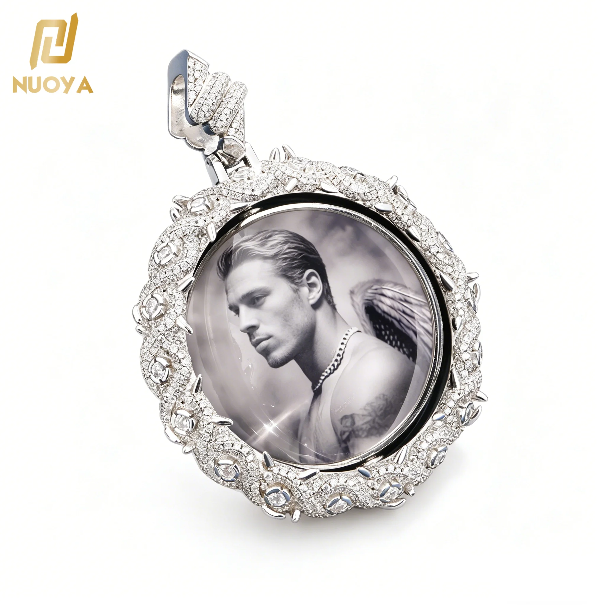 40mm Custom Necklace Rotating Thorns Photo Pendant Double Side 5A Cubic Zircon Brass Circle Chain Hip Hop Jewelry for Men Women