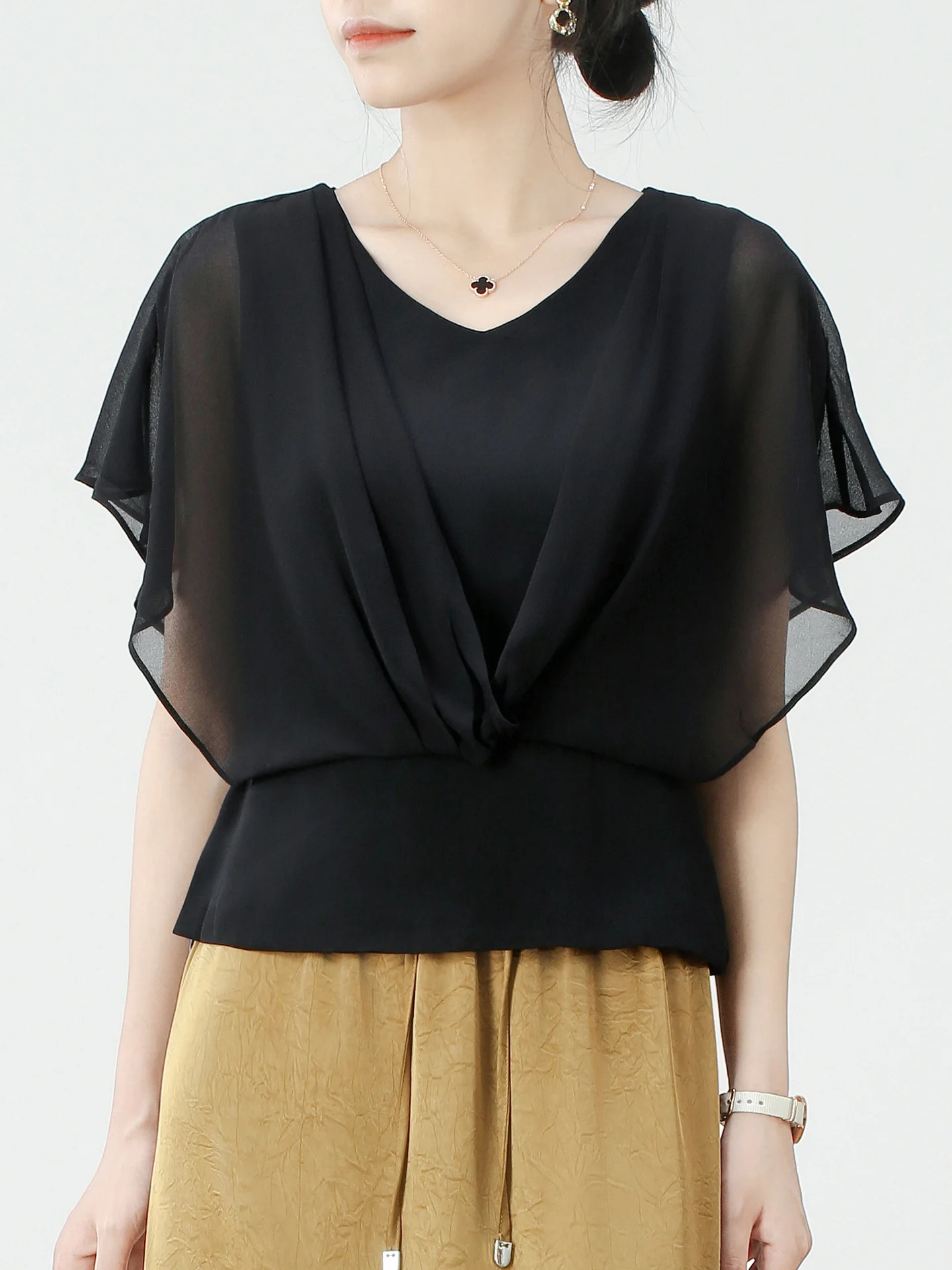 Elegant V-neck Batwing Sleeve Chiffon Top Women's Summer Black Lace Trim Waist Concealing High-End Feeling Blouse