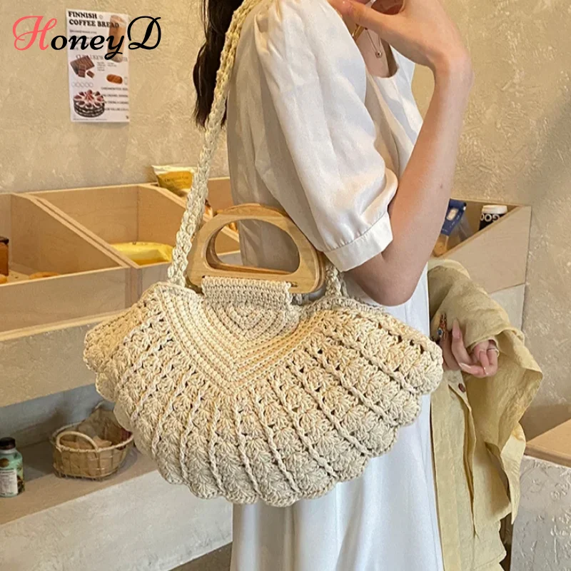 

Summer Woven Bag for women handbag Wooden Top Handle Clip Retro Shoulder Messenger Bag small Bohemian Ladies hand bag