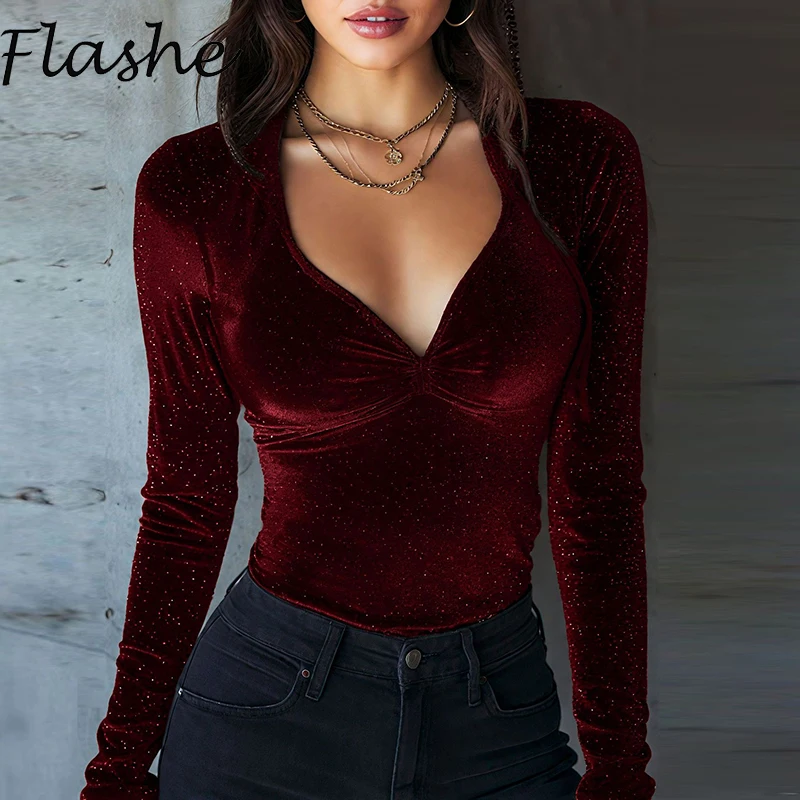 Glänzendes und leuchtendes Samthemd für Damen, V-Ausschnitt, schlankes T-Shirt, modische Damen-Langarm-T-Shirts, bauchfreie Tops, weibliche Partykleidung