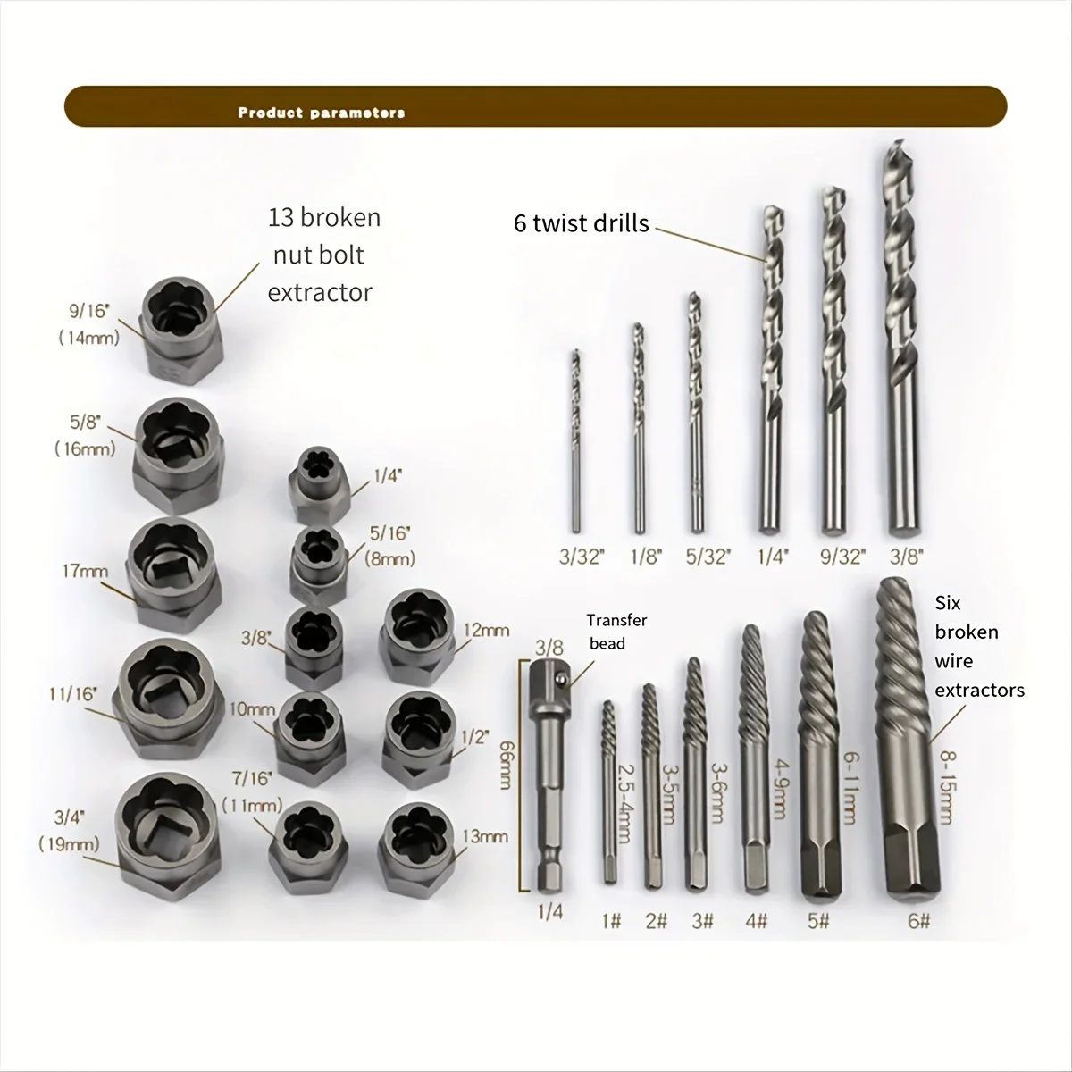 26pcs Set Broken Nut Extractor Extraction Hex Screw Tool Socket BoltNail Nut Broken Wire Extractor