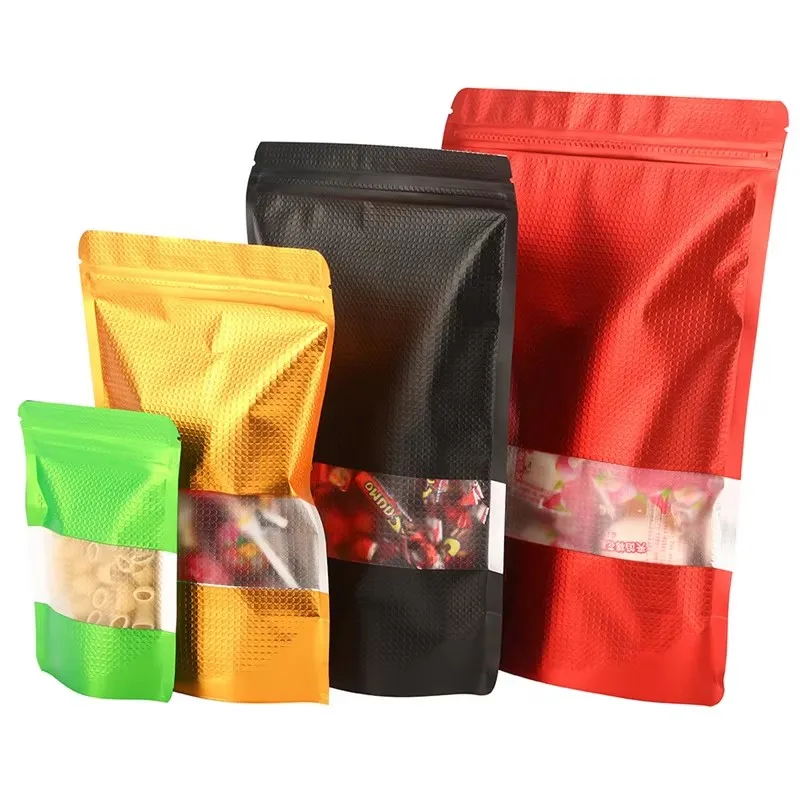 1000Pcs/Lot 9 Size Stand Up Heat Seal Embossed Aluminum Foil Dried Flower Ziplock Bag Clear Window Bean Powder Package Bag