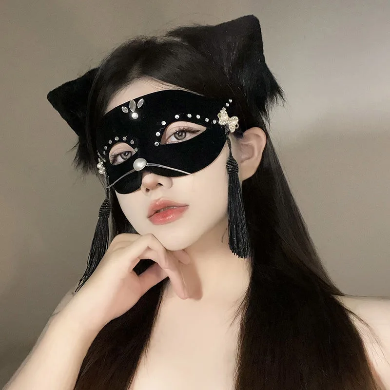 Strass gland vénitien mascarade masques femmes chat demi visage Halloween fête Cosplay Costume accessoires élégant noir